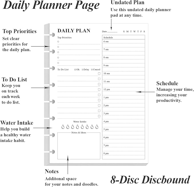 (3-Pack) Junior Size Undated Daily Planner Refill - A5 To Do List Insert, 300 Sheets/600 Pages Planner and Lined Refill, 8-Disc Discbound, 100 gsm White Paper, 5.8'' x 8.3''