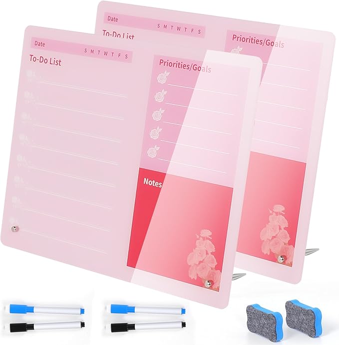 LeMotech Desktop Acrylic Dry Erase Board, 12x10 inches to-Do List Planner, Tabletop Whiteboard with Stand Office Supplies Includes 2 Markers & 1 Eraser,Pink Rose Pattern, 2 Pack