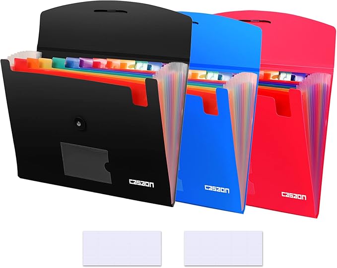 3 Pack 13-Pocket Expanding File, Plastic Expandable File Folder with Pockets, Accordion Organizer Folder - Black&Blue&Red