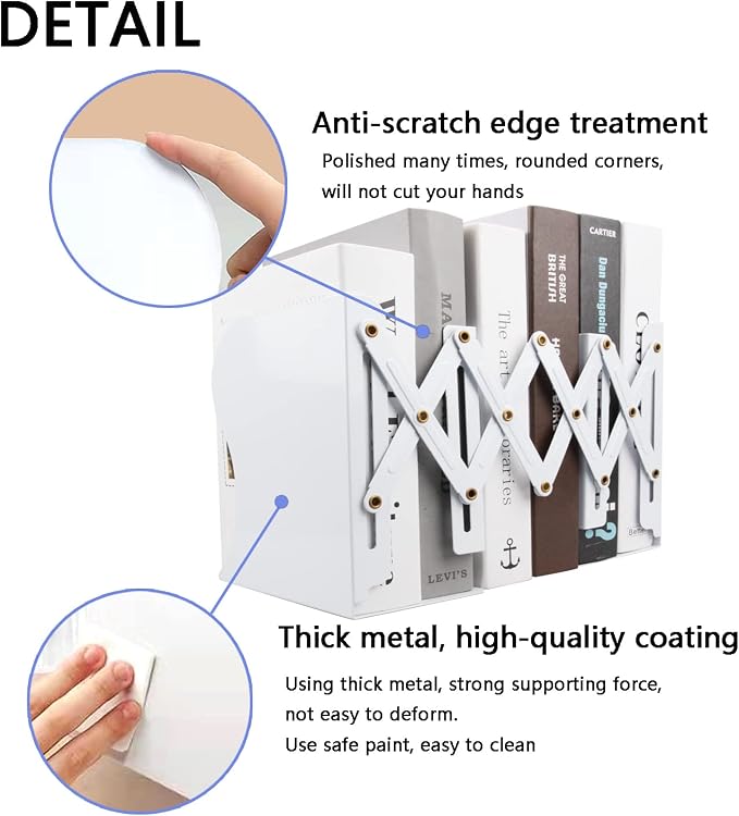 Adjustable Metal Bookends Heavy Duty for Shelves, 2 Dividers, Anti-Slip Design Expandable Book Ends for Desk, Office(White, 19 inches Max)