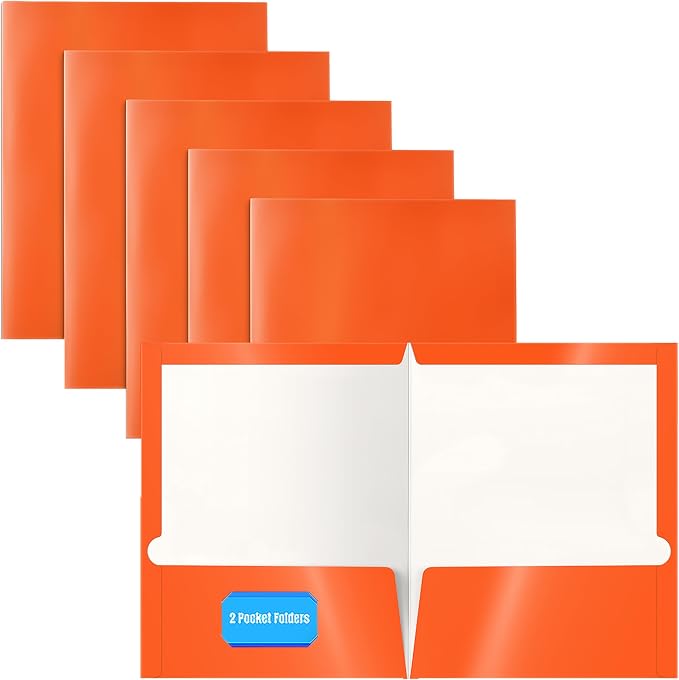 Better Office Products 2 Pocket Glossy Laminated Paper Folders, Letter Size, Orange Paper Portfolios, Box of 25 Orange Folders