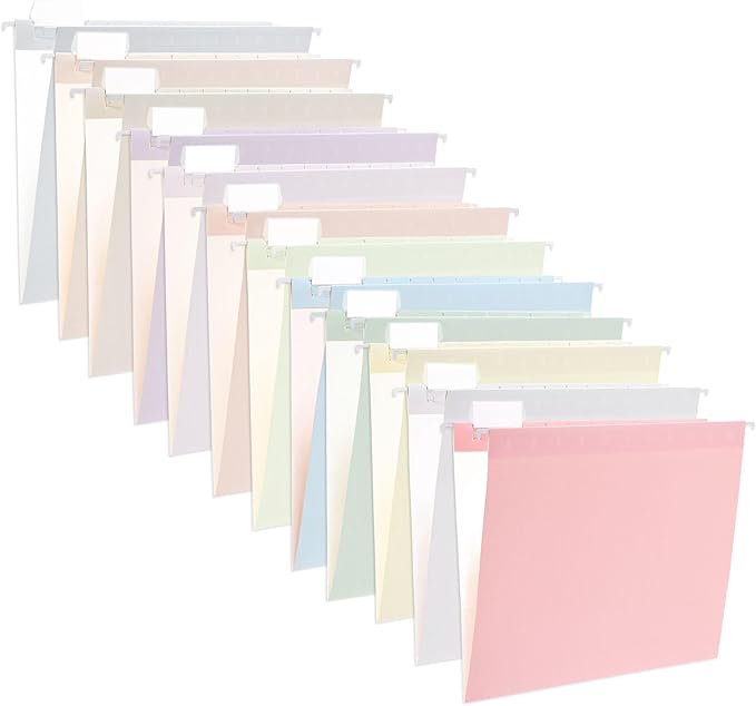48 Pack Hanging File Folders Letter Size with 1/5 Cut Adjustable Tabs File Folder for Filing Cabinet Reinforced Hanging Folders Design for Home School Office, Macaroon Design