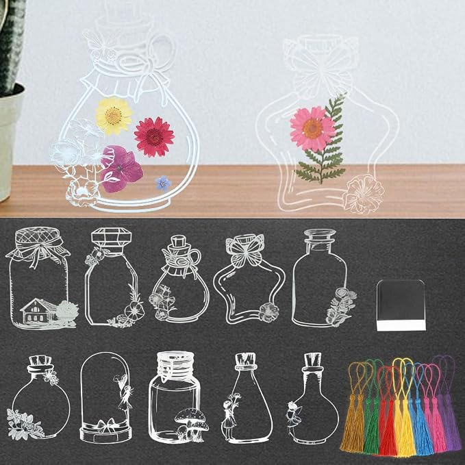 YCOSAN 62 Pcs Dried Flower Bookmark Kit, DIY Transparent Thousand Flower Bookmarks, Handmade Clear Bookmark Page