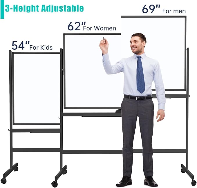 BIBOC 32x48 Inches Large Mobile Dry Erase Whiteboard with Rolling Stand - Double Sided Height Adjustable Whiteboard for Office, School - Aluminum Frame & Durable Writing Surface