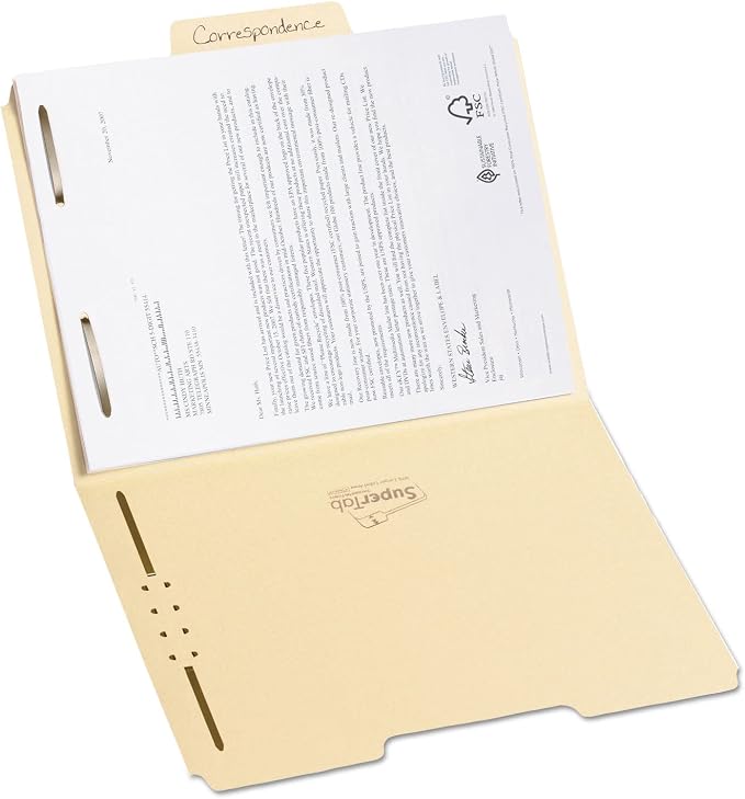 Smead SuperTab® Heavyweight Fastener File Folder, 2 Fasteners, Oversized Reinforced 1/3-Cut Tab, Guide Height, Letter Size, Manila, 50 per Box (14545)