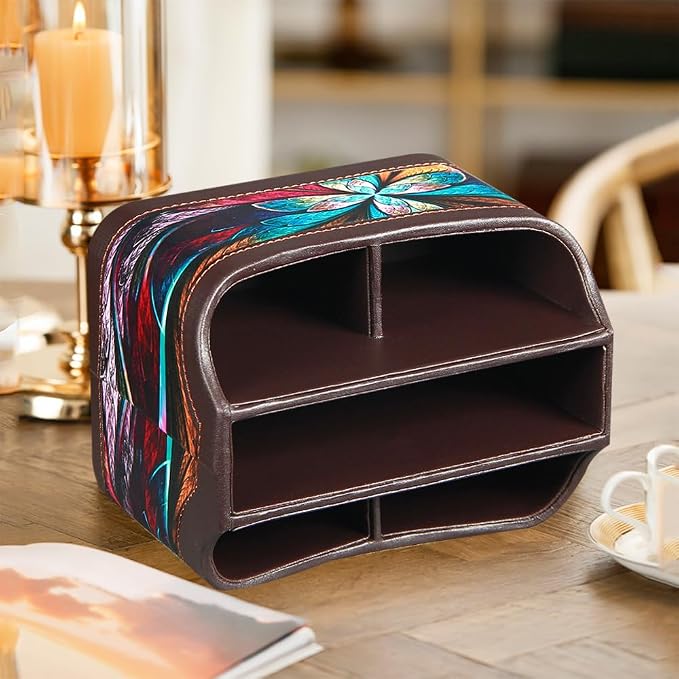 360° Rotating Remote Control Holder, PU Leather TV Remote Caddy Organizer Basket Storage Box with 5 Compartments for Pen, Pencil, Art Supplies, Makeup Brush, Office Desk Table Accessories