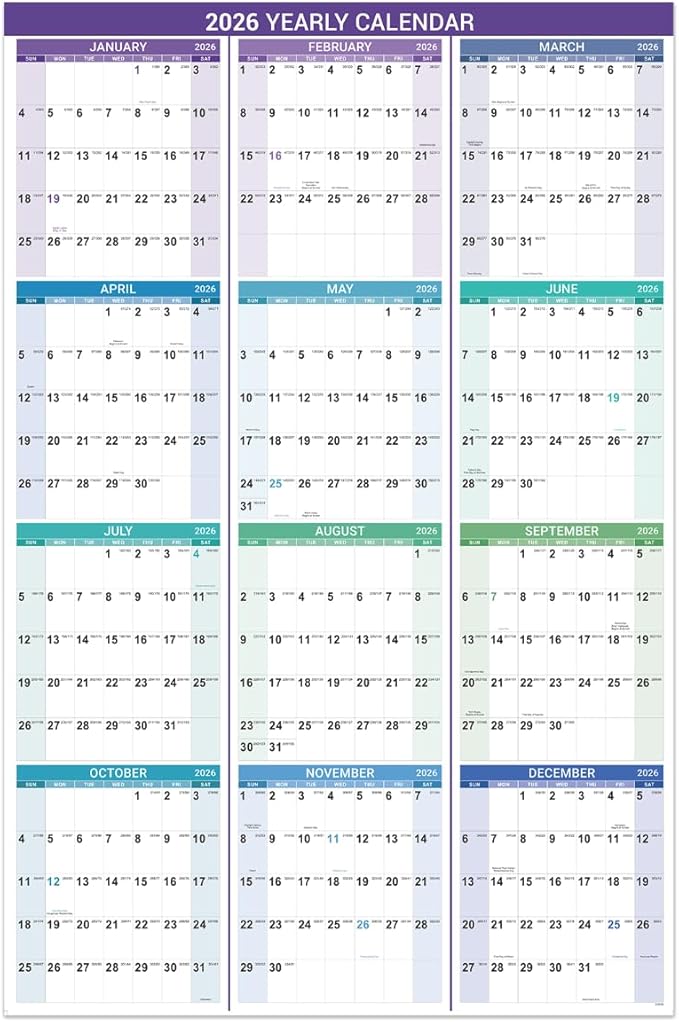 2026 Yearly Wall Calendar - 2026 Calendar, 2026 Wall Calendar 12month, Jan. 2026 to Dec. 2026, 34.2" x 22.8" (Open), Vertical, Thick Paper, Double-sides Round Stickers, Holidays & Julian Dates