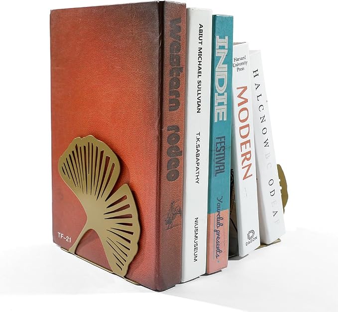 Ginkgo Leaf Metal Bookend, Botanical Leaf Veins Heavy Duty Book Stand, Home and Office Bookshelf Decorative End of The Book (Big Ginkgo Leaf)
