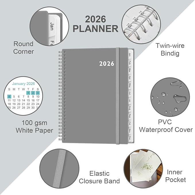 2026 Planner - Planner 2026 from January 2026 to December 2026 with 12 Monthly Tabs, Flexible Cover, Inner Pocket, 8.5" x 11", Grey-C