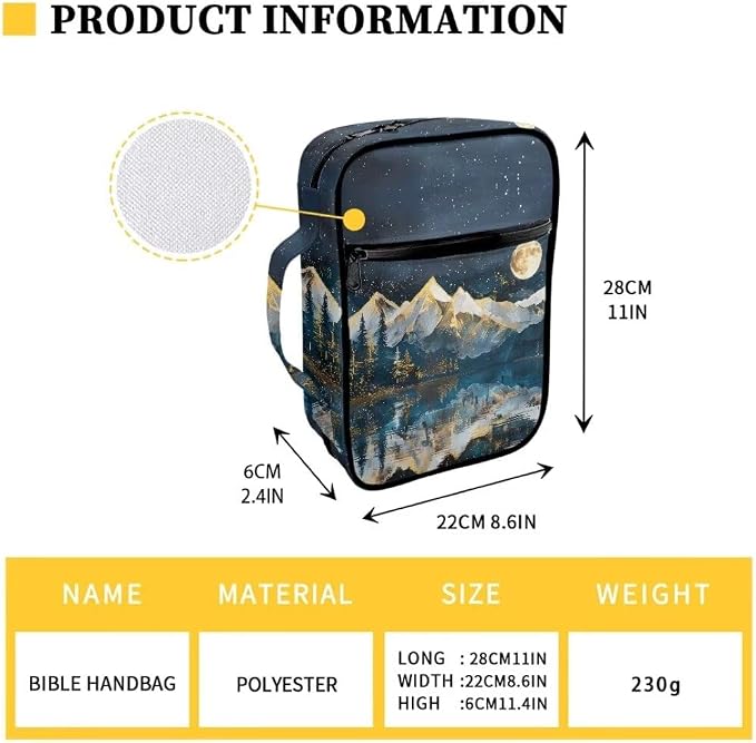 Coldinair Snow Mountain Moon Bible Covers Bag for Men Women,Durable Carrying Book Case Church Bag Bible Holder with Handle and Zippered Pocket