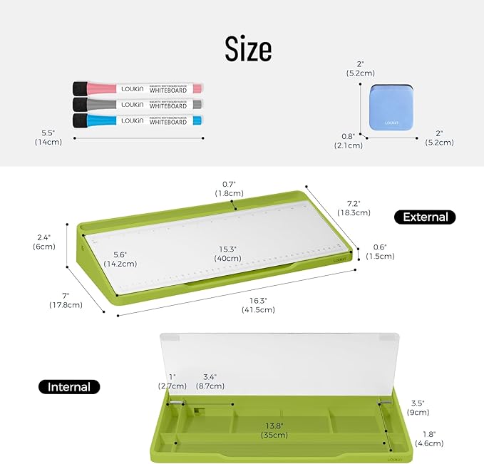 LOUKIN Glass Desktop Whiteboard, 15.3" x 5.6" Dry Erase Desk Board with Dotted and Graduated Surface, Desktop Buddy, Great for Design and Drawing, 3 Markers and 1 Dry Erase Eraser Included (Green)