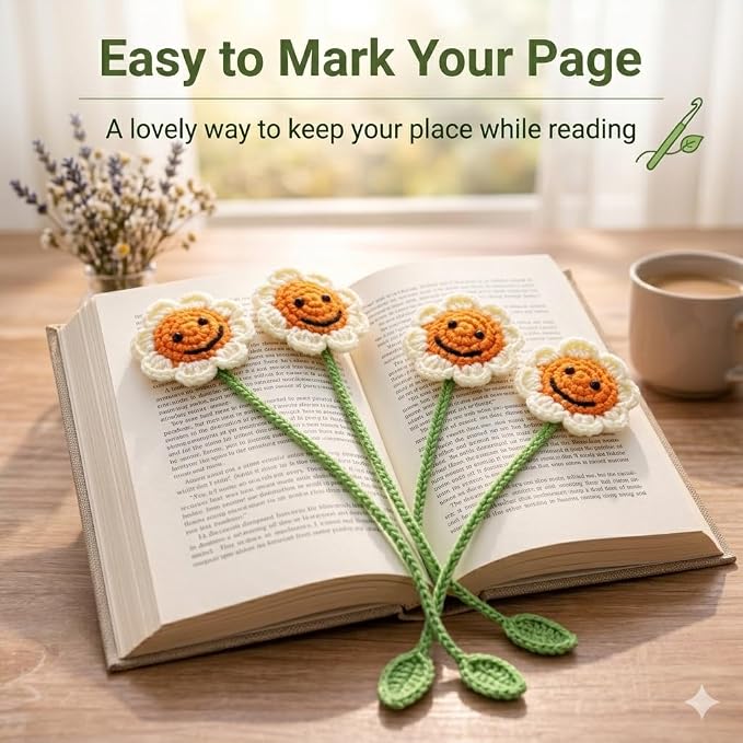 4 Pack Sunflower Crochet Bookmarks,Handmade Knitted Sunflower Book Marker for Women Personalized Book Marks for Reading Men, Book Lover Teacher Kids Birthday Gift,Cute Unique Bookmarks