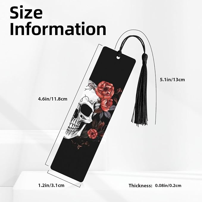 Flowers and Skull Double-Sided Printed Wooden Bookmarks, Artistic Book Accessories Birthday Presents for Men Women Presents for Book Lovers