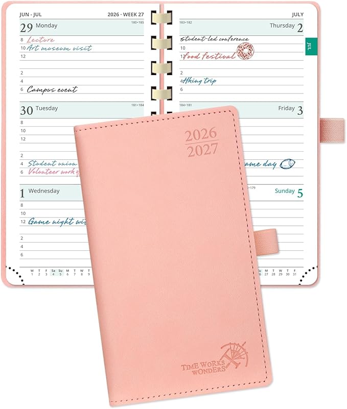POPRUN Pocket Planner 2026-2027 (Slim Size 3.5'' x 6.5'') Academic Purse Calendar (July 2026 - June 2027) with Hourly Time Slots, 100GSM Thick Paper, Spiral Soft Cover - Pink