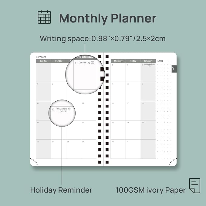 POPRUN Pocket calendar 2026-2027,pocket planner Jul 2026-Jan 2027, 6.5" x 3.5" Small Planner for Purse,Inner-pocket Weekly Planners with Hardcover, Tabs, Ruler, Pen Loop ,Unisex Weekly Planners for Organizing and Office - Pacific Green