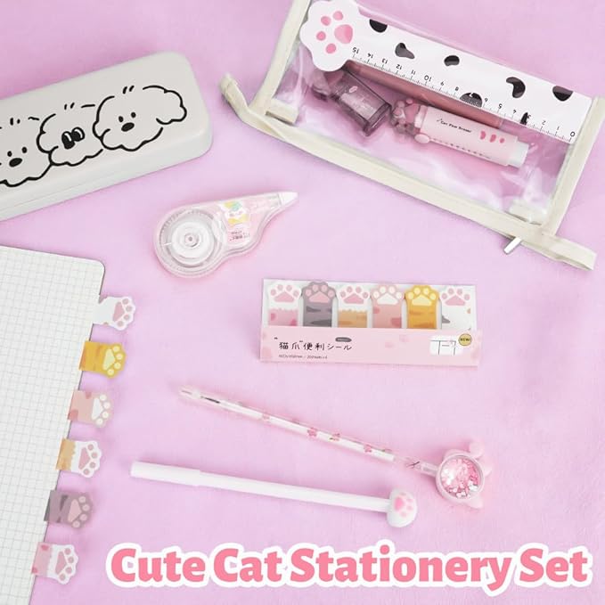 13 Pcs Cute Cat Paw Stationery Set, Kawaii Cartoon Mini Pencil Roller, Retractable Eraser, Correction Tape, Push Up Dotting Pens, Ruler, Sticky Notes, Highlighters for Kids Cat Lovers
