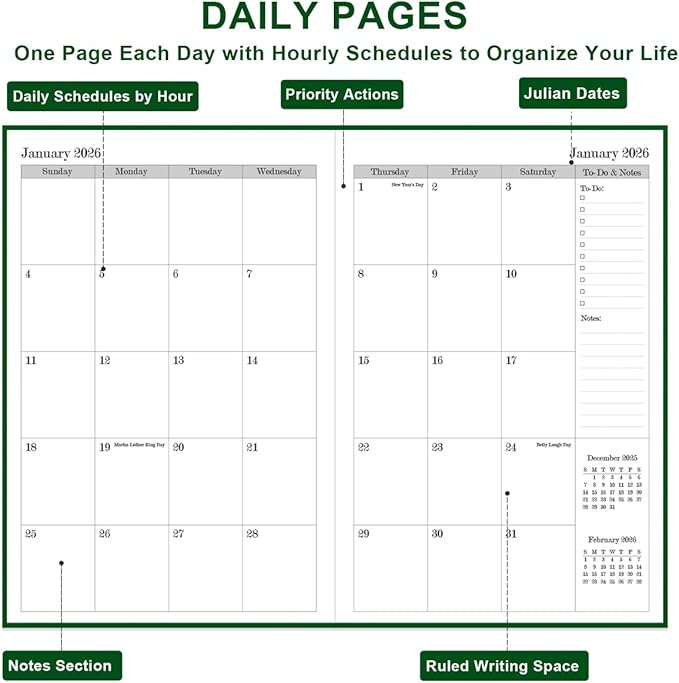 2026 Daily & Monthly Planner - 2026 Daily Planner One Page Per Day from January 2026 to December 2026, 5.8" x 8.3" Hourly Appointment Book Perfect Organizer Daily Life, Fabric Cover, Green