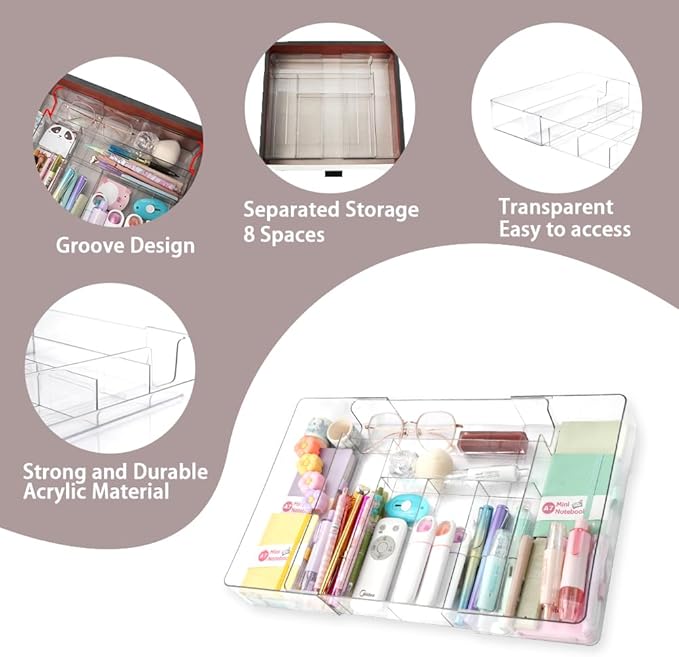 CEYAZYE Acrylic Expandable Drawer Organizer, Clear Makeup Vanity Dividers Trays with 8 Compartment, Versatile Desk Accessories Storage for Office Supplies Junk Silverware, (10.6"-16.9") x 10.6" x 2.3"