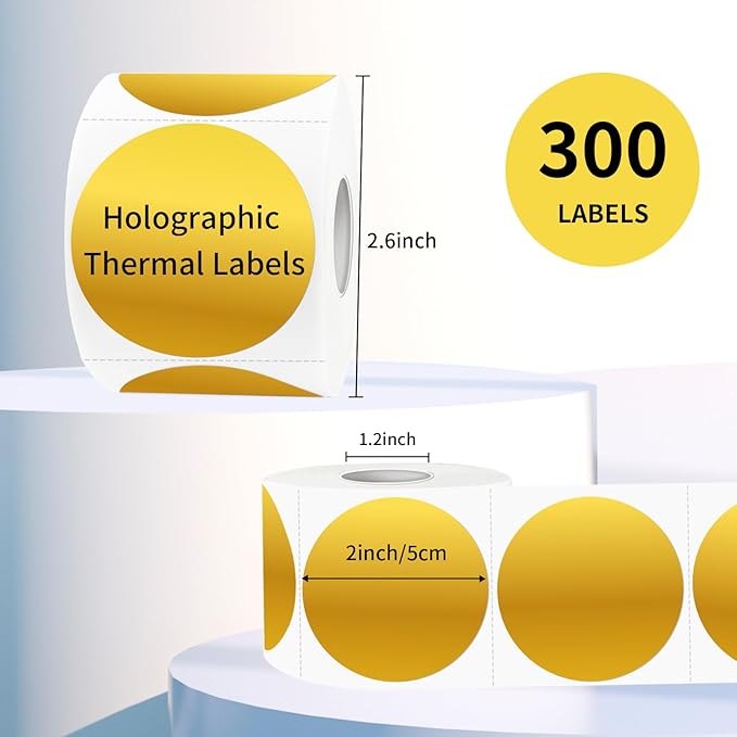 Holographic Thermal Labels 2 inch, Round Thermal Printer Labels, Circle Direct Thermal Stickers for DIY Logo Design, Name Tag, Compatible with Rollo&MUNBYN (300Pcs, Gold)