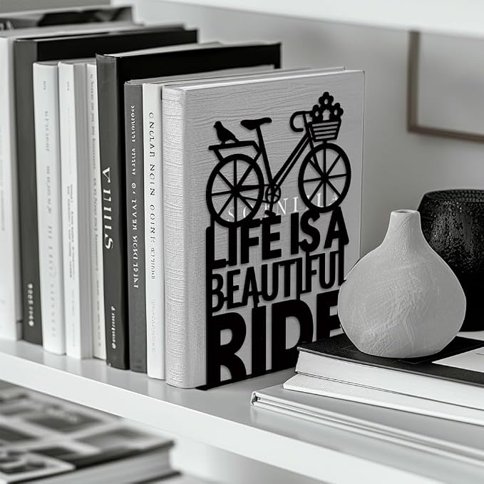 Peacoblue Metal Bookends for Shelves, Modern Decorative Heavy Duty Study Book Support Stoppers for Office, Desk, Shelf, Room 5.3"x4.3"x7.9" Cast Iron Simple Tall Bookends, 1 Pair (Bicycle)