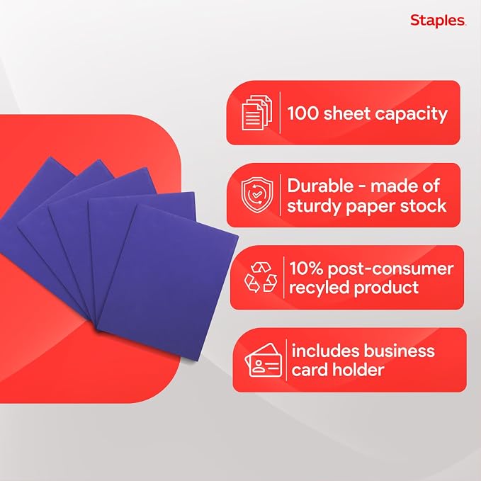 Staples 2‑Pocket Paper Folders, Indigo, Durable Letter‑Size Cardstock, Ideal for School & Office Organization, 25/Pack