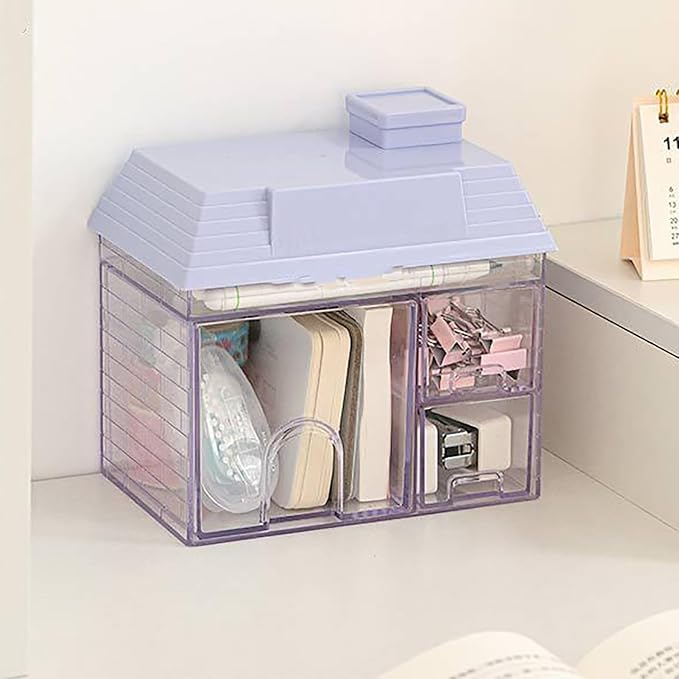 Desk Organizer with Drawers, 3 Drawers Storage Organizer, Creative House Shaped Desktop Storage Drawers Stationary Organizer for Home Dormitory Office (Purple)