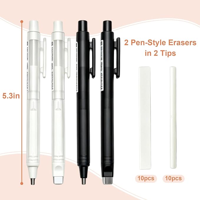 4 Pack Retractable Mechanical Eraser Pen Set (2 Black, 2 White) with 20 Refills (10 Rectangular,10 Round Tips), Precision Erasers for Artists Drawing, Office & Students