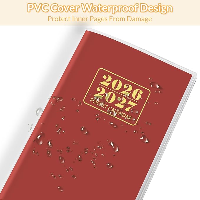 Pocket Calendar 2026-2027, Purse Monthly Planner, Runs from January 2026 Until December 2027, 3.7" x 6.7", Pocket Calendar with PVC Cover for Planning, Organizing and Office - Wine Red