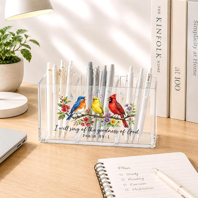 Chistian Bird Acrylic Pen Holder for Desk, I Will Sing Of The Goodness Of God Psalm 89:1 Bible Verse Desk Organizer for Office Home, Back to School Gifts for Women Teachers Coworkers Friends