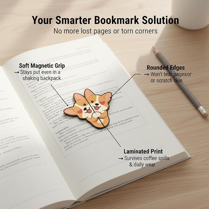 TheClover Peeking Corgi Magnetic Bookmarks – Set of 10 Cute Dog Page Clips, Fun Corgi Gifts for Book Lovers, Creative Reading Accessories for Office and Journals