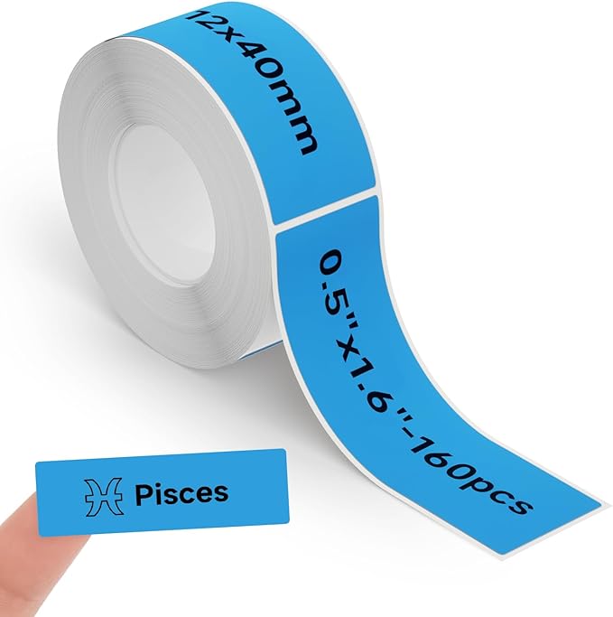 Thermal Labels DETONGER 1/2 Width Compatible Tape Refills Label Stickers Film Coatedfor Label Maker Tapes Home Office School Business Use Sticky Liquid-Proof 0.5"×1.6"(12×40mm) Blue