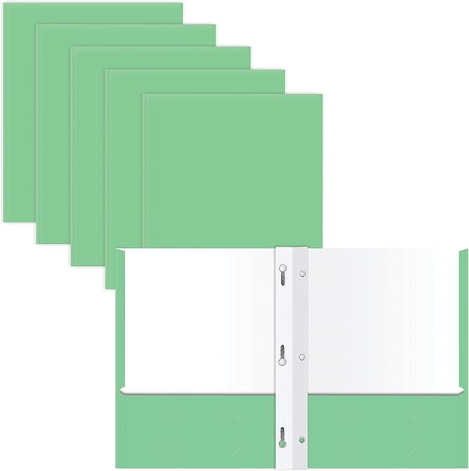 2 Pocket Portfolio Folders with Prongs (Metal Fastener Clips), 25 Pack, Cool Trendy Colors, Fits Letter Size Paper, for School, Office, Home, Matte Finish (Mint Green)