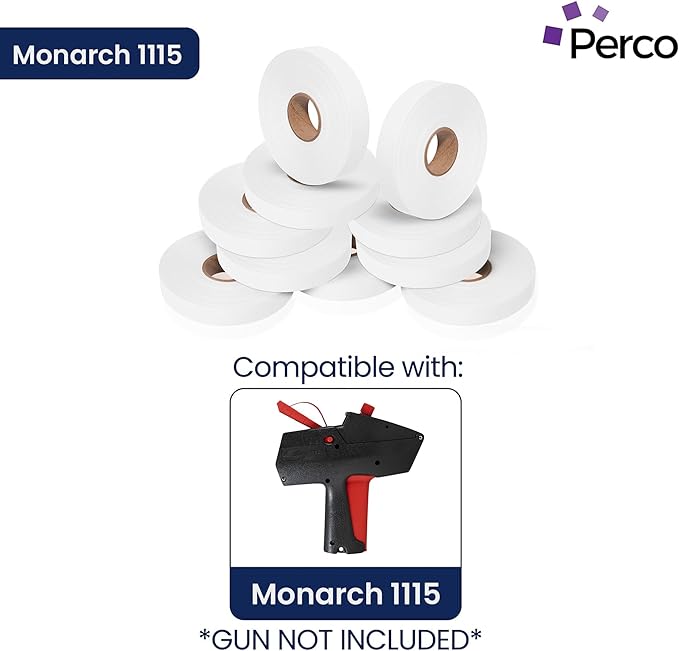 Perco White Pricing Labels for Monarch 1115 Price Gun - 10 Rolls, 15,000 Price Marking Labels - with Bonus Ink Roll