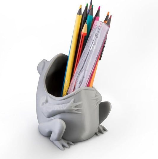 Cute Frog Pen Holder, Frog figurine Pencil Holder for Office Desk Decor, 3D Printed, Grey, Durable and Fun Gift Idea