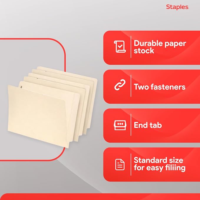Staples Reinforced File Folder with Fasteners, Letter Size, Manila, Durable Paper Stock, 50/Pack