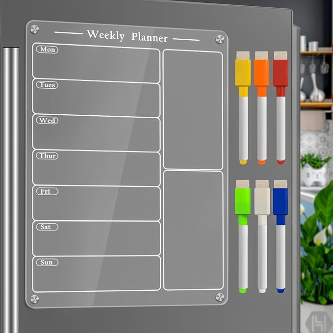 JonXon 8"X12" Acrylic Magnetic Menu Board for Kitchen,Acrylic Weekly Calendar for Fridge,Clear Meal Planner for Refrigerator,Magnet Fridge Menu Planner with 6 Magnetic Erasable Markers