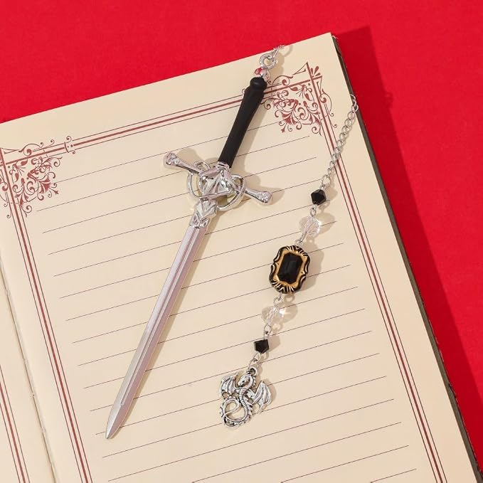 Fantasy Sword Bookmark with Dragon Pendant, Stainless Steel Gothic Medieval Book Marker with Crystal Charm Tassel, Reading Accessory Gift Box for Book Lovers and Fantasy Readers(Dragon)