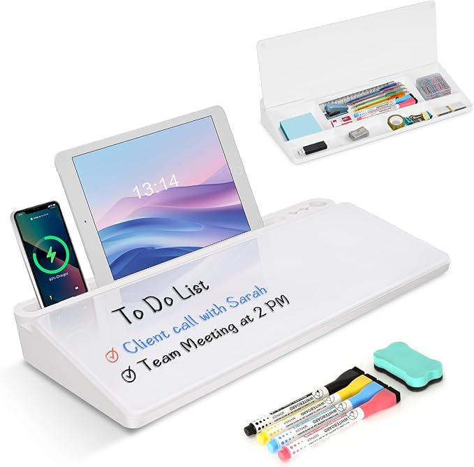 Desktop Glass Whiteboard with Storage, Desk White Board with Computer Keyboard Stand, White Dry Erase Board with Drawers for Home, School, Office Desk Organizers and Accessories