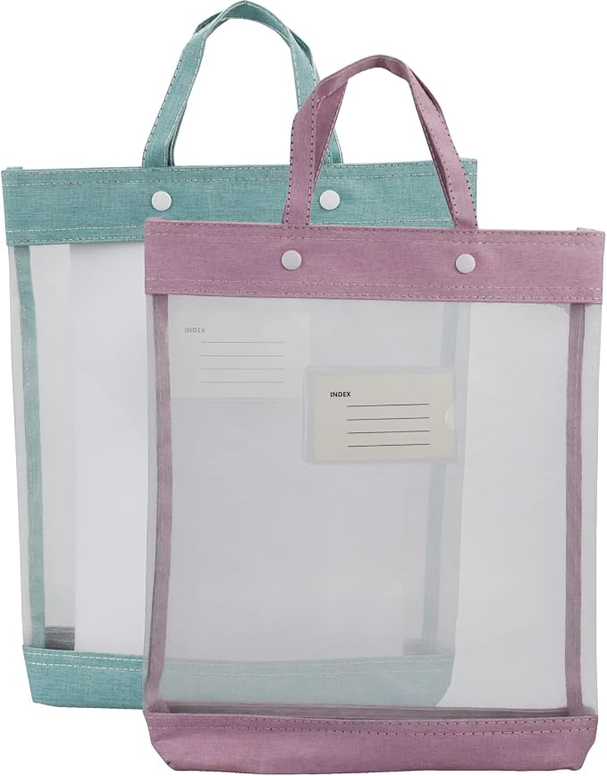 Nylon Document Bag with Handle Light Transparent Mesh File Tote Bag Pouch for Carrying Books Papers (2, Pink&Green)