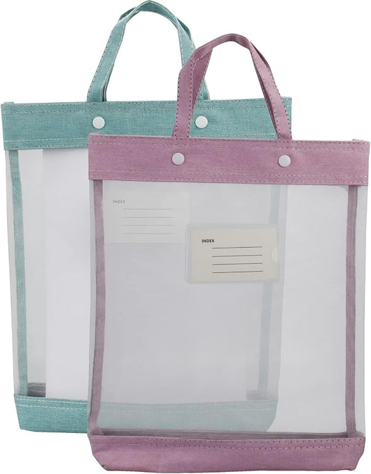 Nylon Document Bag with Handle Light Transparent Mesh File Tote Bag Pouch for Carrying Books Papers (2, Pink&Green)