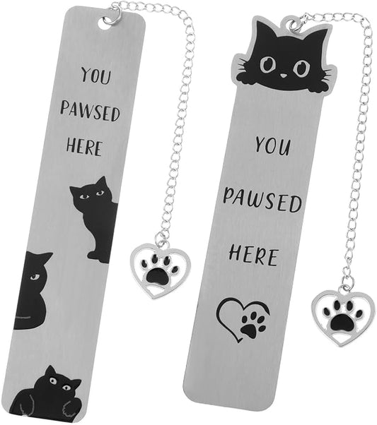 Cat Bookmarks, 2 Pcs Stainless Steel Black Cat Bookmark for Women, Men, Kids, You Paused Here Cute Book Marks for Book Lovers, Birthday, (Silver & Black)