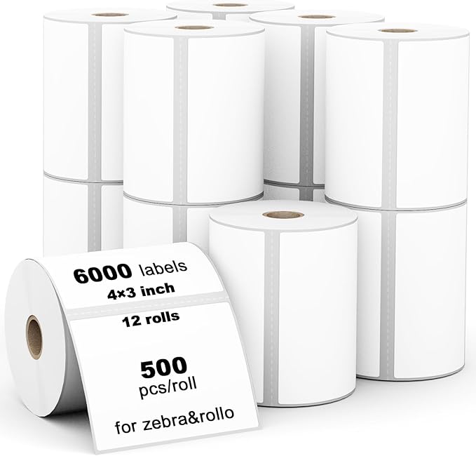 (6000 Labels 3-Proof 1" Core) Labelebal 12 Rolls 4" x 3" Direct Thermal Label (101mm x 76mm) Multipurpose Shipping Address Mailing Barcodes Stickers Compatible for Zebra & Rollo Desktop Label Printer
