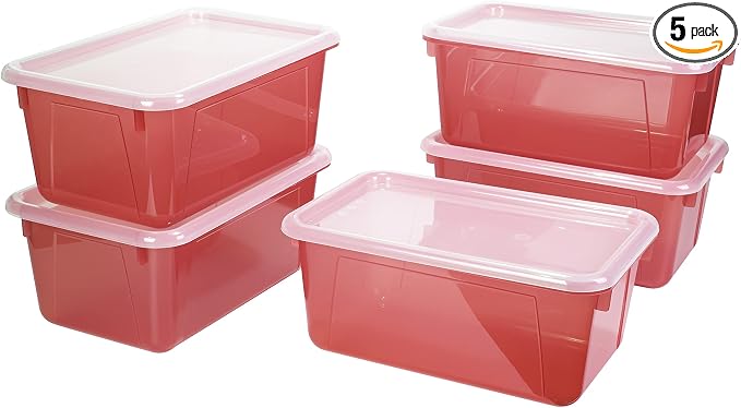 Storex Small Cubby Bins – Plastic Storage Containers for Classroom with Non-Snap Lid, 12.2 x 7.8 x 5.1 inches, Tint Red, 5-Pack (62481A05C)
