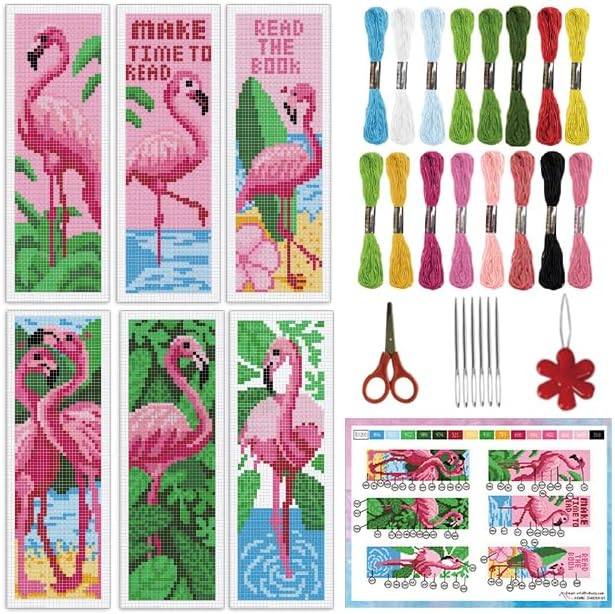 INFUNLY 6PCS Flamingo Cross Stitch Bookmarks Kit Pink Handmade Cross Stitch Bookmarks Make Time to Read DIY Cross Stitch Bookmark Set with Backing Felt Floss Instruction for Adult Book Lovers