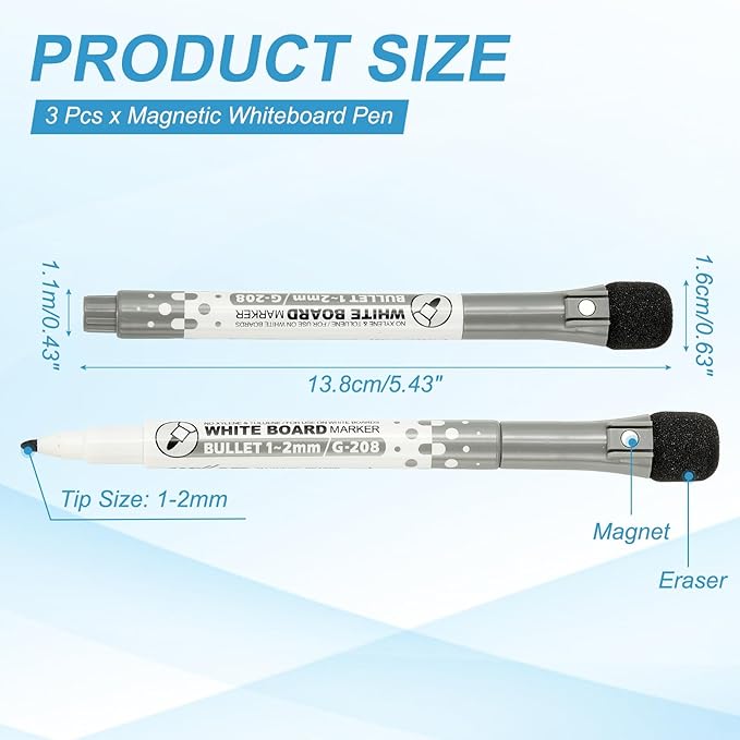 PATIKIL Magnetic Whiteboard Pen, Fine Tip Dry Erase Black White Board Markers with Eraser Whiteboard Calendar Supplies for Classroom Office, 3 Pcs, 1-2mm Tip