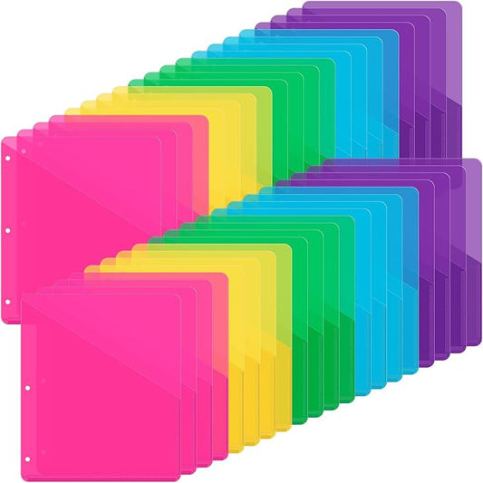 Maitys 50 Pack Binder Pockets 3 Hole Punch Clear Plastic Document Folders Binder Organizer Store Letter Size 8.5x11 Inch Paper Folders with Pockets Slash File Jacket for Office (Neon Colors)
