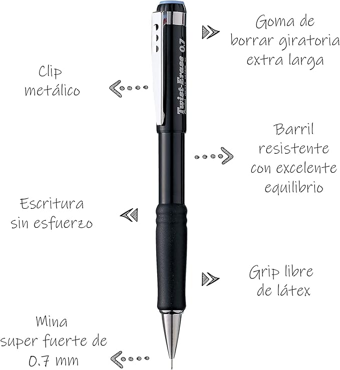 Pentel Twist-Erase III Mechanical Pencil, (0.7mm), Black Barrel, 12 Pack (QE517A)