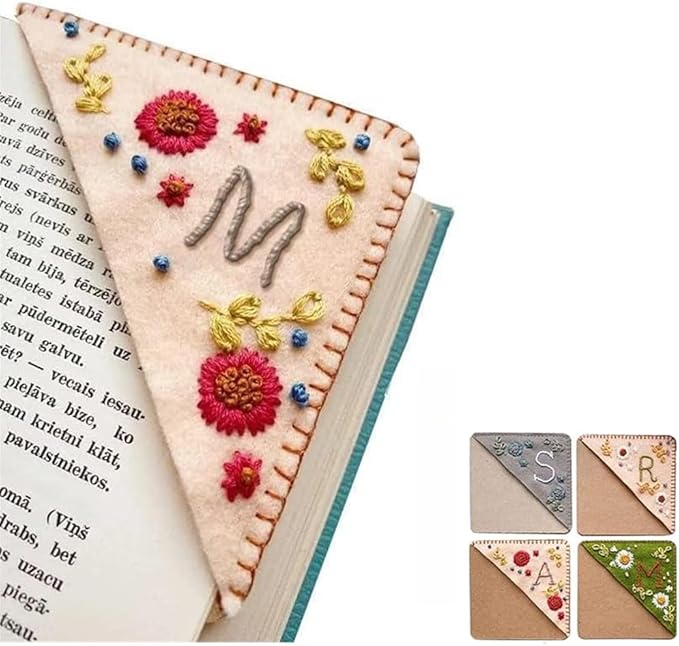 Personalized Hand Embroidered Corner Bookmark, 26 Letters Cute Flower Embroidered Corner Bookmark Embroidery Book Marker Clip for Book Lovers Bookmarks for Reading Lovers Meaningful GIF (Fall, M)