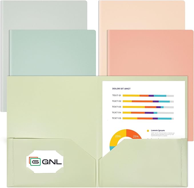 GNL Plastic Folders with Pockets, Pack of 5, Muted Pastel Colors, Heavy Duty 2 Pocket File Folders Letter Size, Pocket Folders for School, Home, and Office