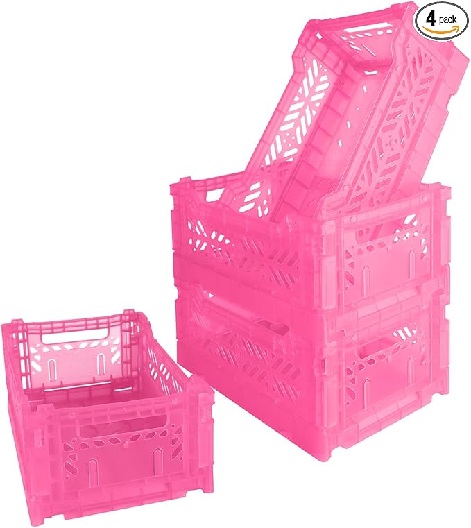 Mid Size Pastel Plastic Storage Crates and Baskets, Collapsible Crates for Organizing, 4L SpaceSaving Bins for Classroom, Kitchen, Office, Bedroom,Desk Organizer. (Pink)